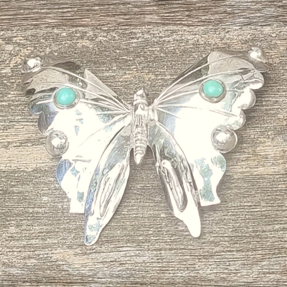 Vintage Sterling Silver Turquoise Butterfly Brooch Pin - Picture 5 of 8